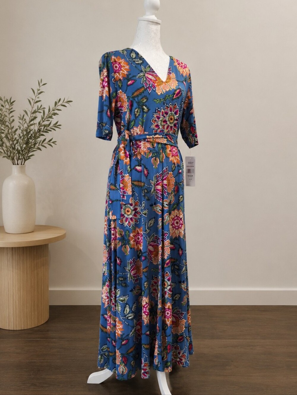 MSK Blue Floral V-Neck Maxi Dress with Tie Waist